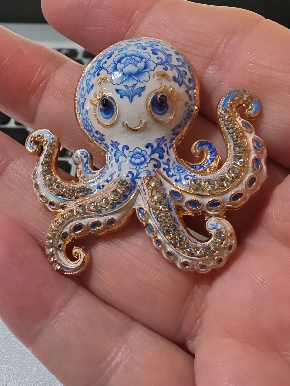 A170- Octopus Decorative Brooch — White & Blue Porcelain Look with Gold Accents